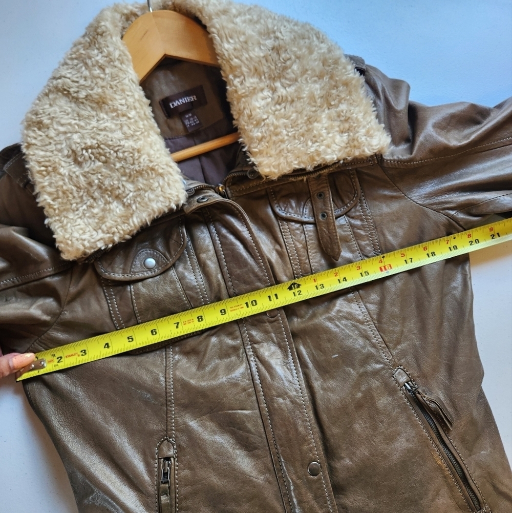 Vintage Leather Jacket Green Aviator Shearling Collar Cuffs 1990s Womens Medium - Picture 14 of 16